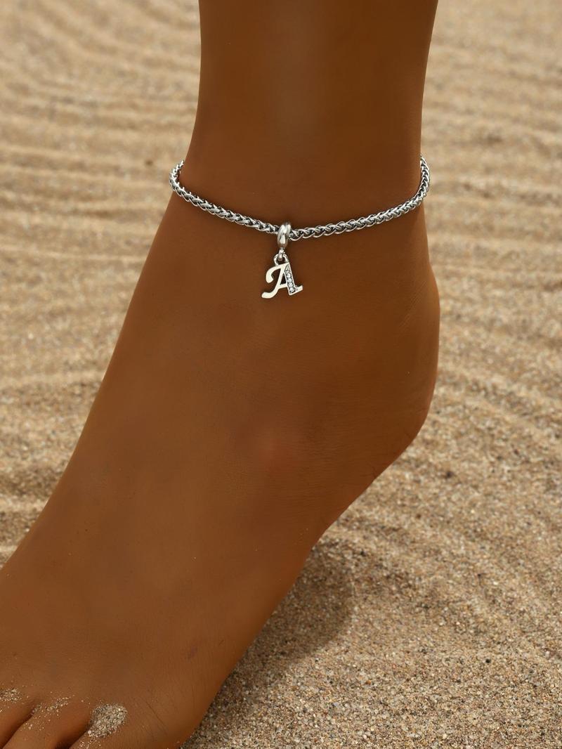 Rhinestone Decorated Letter Charm Anklet for Women & Men, Stainless Steel Foot Jewelry, Casual Summer Beach Holiday Style Sandals and Slippers Accessories, Non Tarnish Jewelry, Solstice Anklet