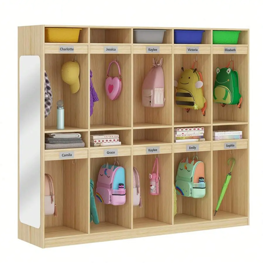 10-Section Coat Locker With 10 Cubbies, Cubbies With 20 Hooks And Acrylic Mirror, Lockers Home(Wood)