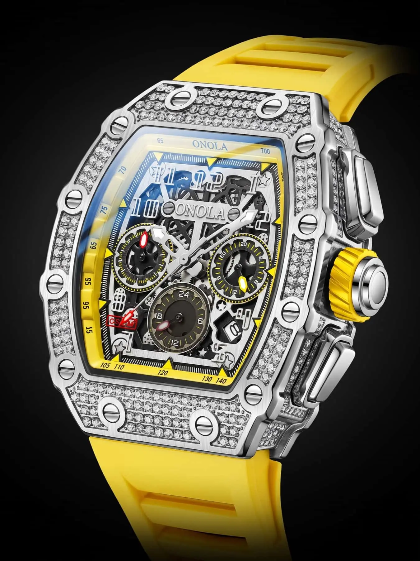 2026 ONOLA Men's Mechanical Watch Tonneau Square Skeleton Chronograph with Diamond Watches Multi-Dial Mechanical Movement, Metal Case, Silicone Strap Affordable Luxury, Trendy, Sporty, Business Watch