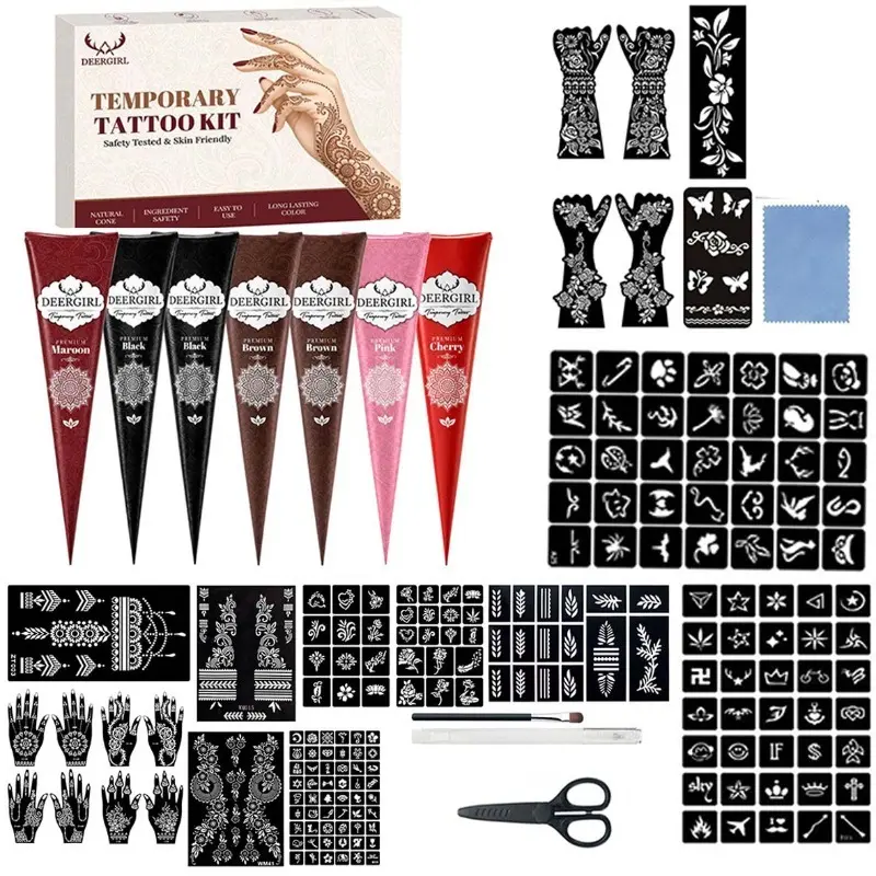 Long Lasting Henna Tattoo Cone Kit, Skin-Safe Temporary Henna Paste with Rich Stencil Templates, DIY Body Art Temporary Tattoo Supplies for Bridal Henna & Party Makeup, Henna Cones
