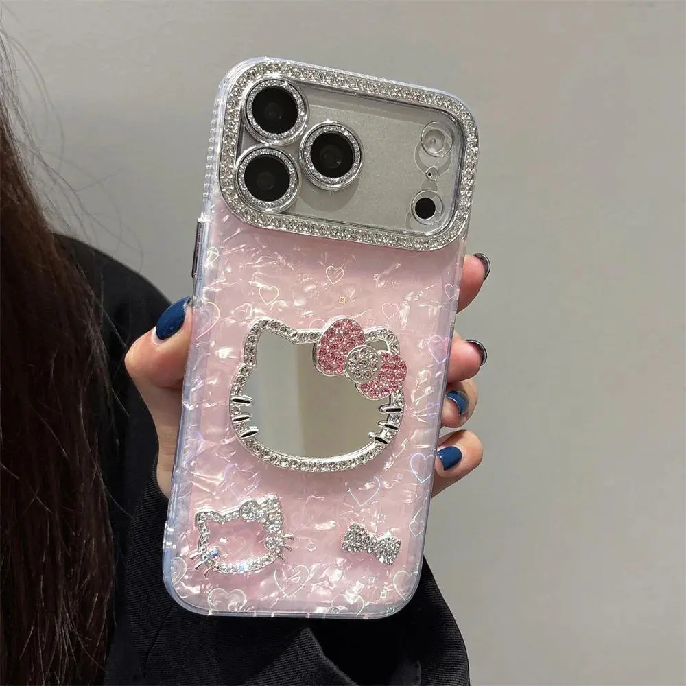 High-Quality Diamond Inlaid Shell Pattern Cat Mirror Phone Case For iPhone 17 16 15 14 13 12 Pro Max Plus, Drop Protection Case