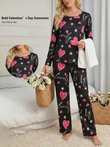 Women's Two Piece Loungewear Set Long Sleeve And Long Pants Valentine's Day Gift Heart Print Pattern Black Comfortable Pajamas Heart Party Going Out Shopping Picnic Home Gathering Casual Wear.
