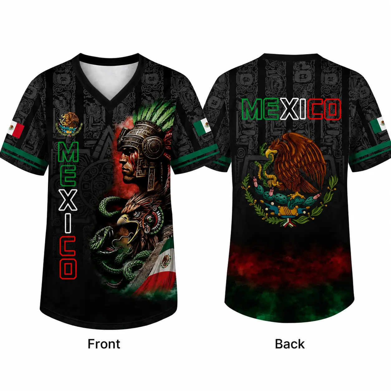 Mexico V Neck Soccer Jersey Shirt, Mexican Heritage Graphic Tee, Aztec Warrior Eagle Flag Print, Short Sleeve Black Fan Apparel for Men Women, Size S-5XL,clothes,outfits,men's wear,men fashion,summer men clothes,fashion men clothes Sports Tops