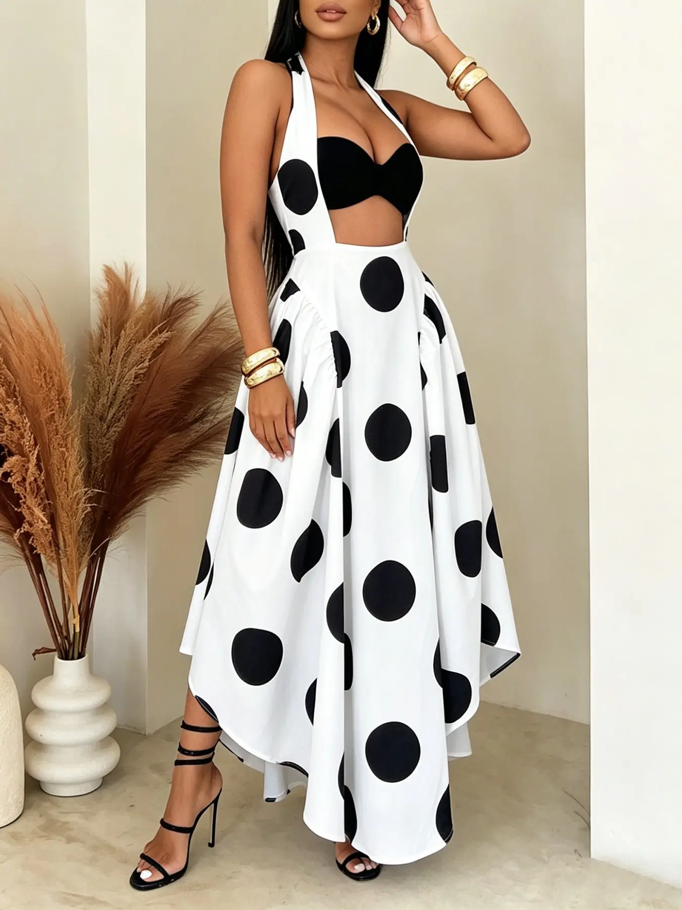 Base Polka Dot Midi Dress, Sexy Slim-Fit Shirred Design, Feminine, Perfect for Beach Vacations, Evening Events, Birthday Parties