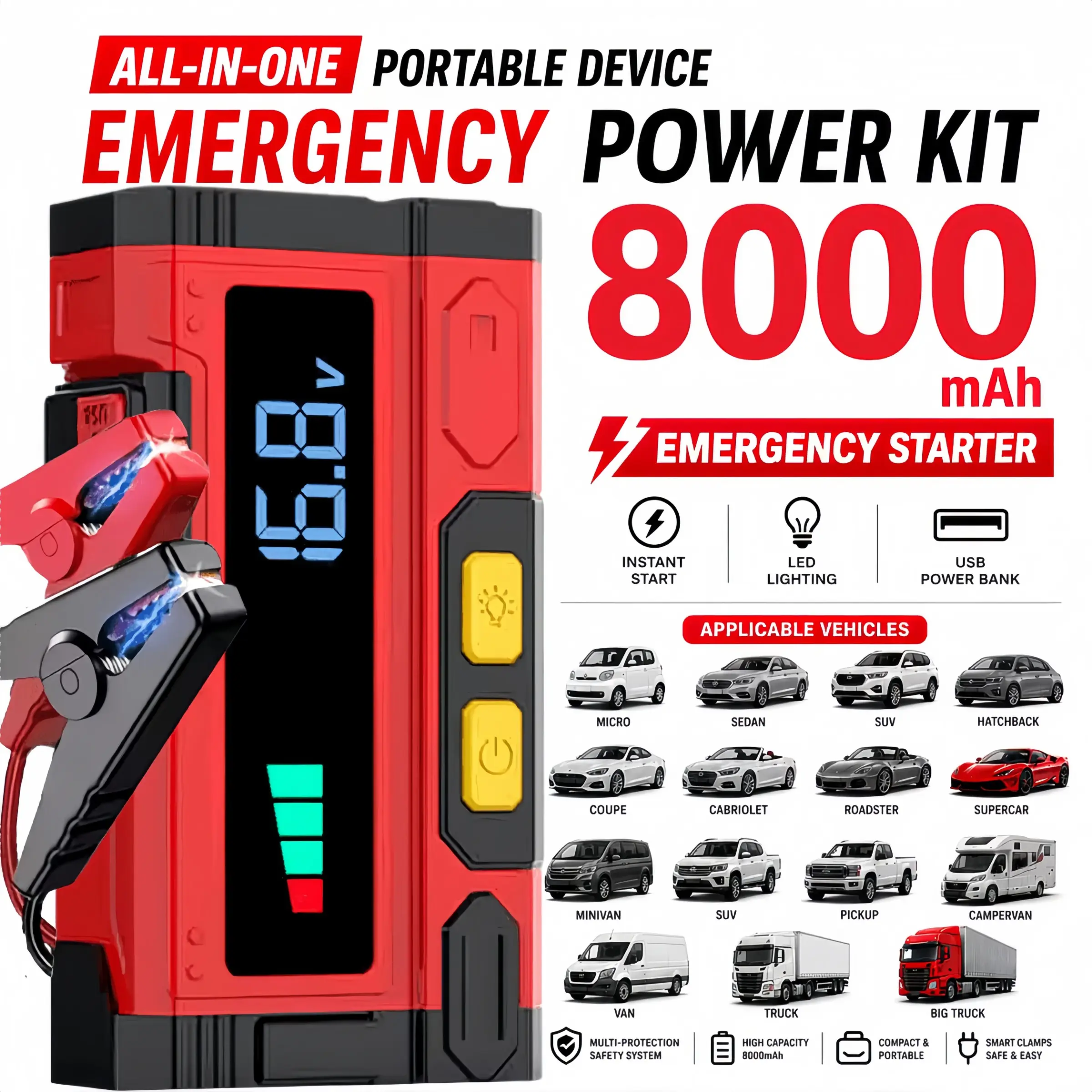 [Car Jump Starter] 6000A Peak Automotive Car Jump Starter, 8000mAh Portable 12V Battery Booster Pack, Auto Jumper Box for Up to 10L Gas & 8.0L Diesel Engines, Emergency Power Bank with LED Flashlight SOS, Multi-Safety Protections