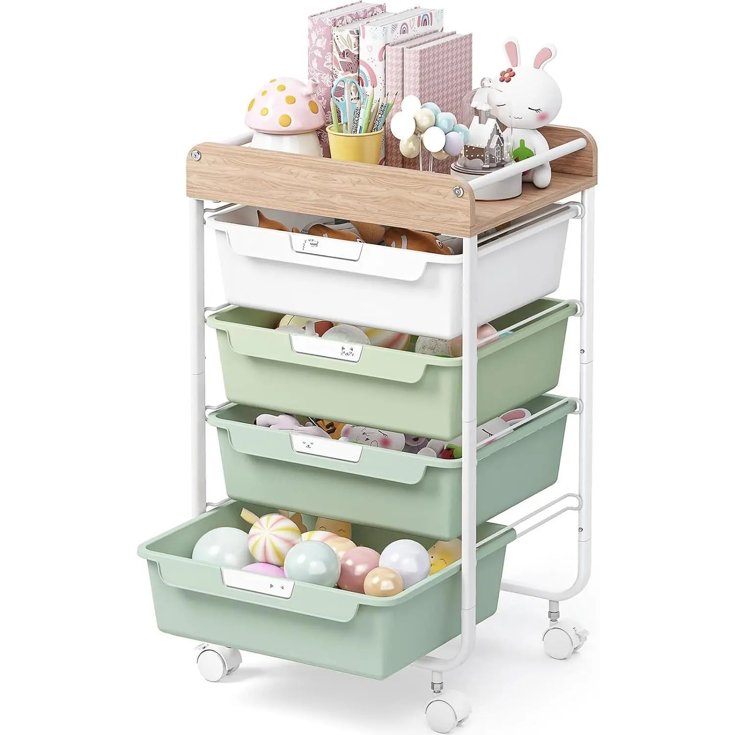 Rolling Storage Utility Cart with 4 Drawers,Kids Craft Art Cart,Makeup Organizer and Storage with Wooden Tabletop,Green