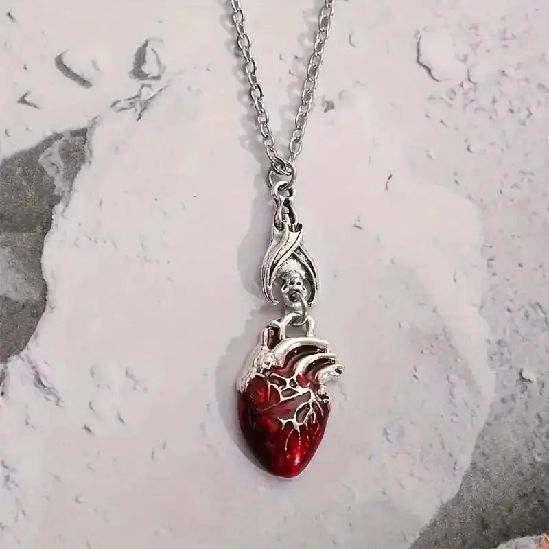 Goth Unisex Vampire Theme Pendant Necklace, Anatomical Detail Heart Motif, Bloody Bat Pagan Witch Fashion Costume Jewelry, Halloween Accessory Gift