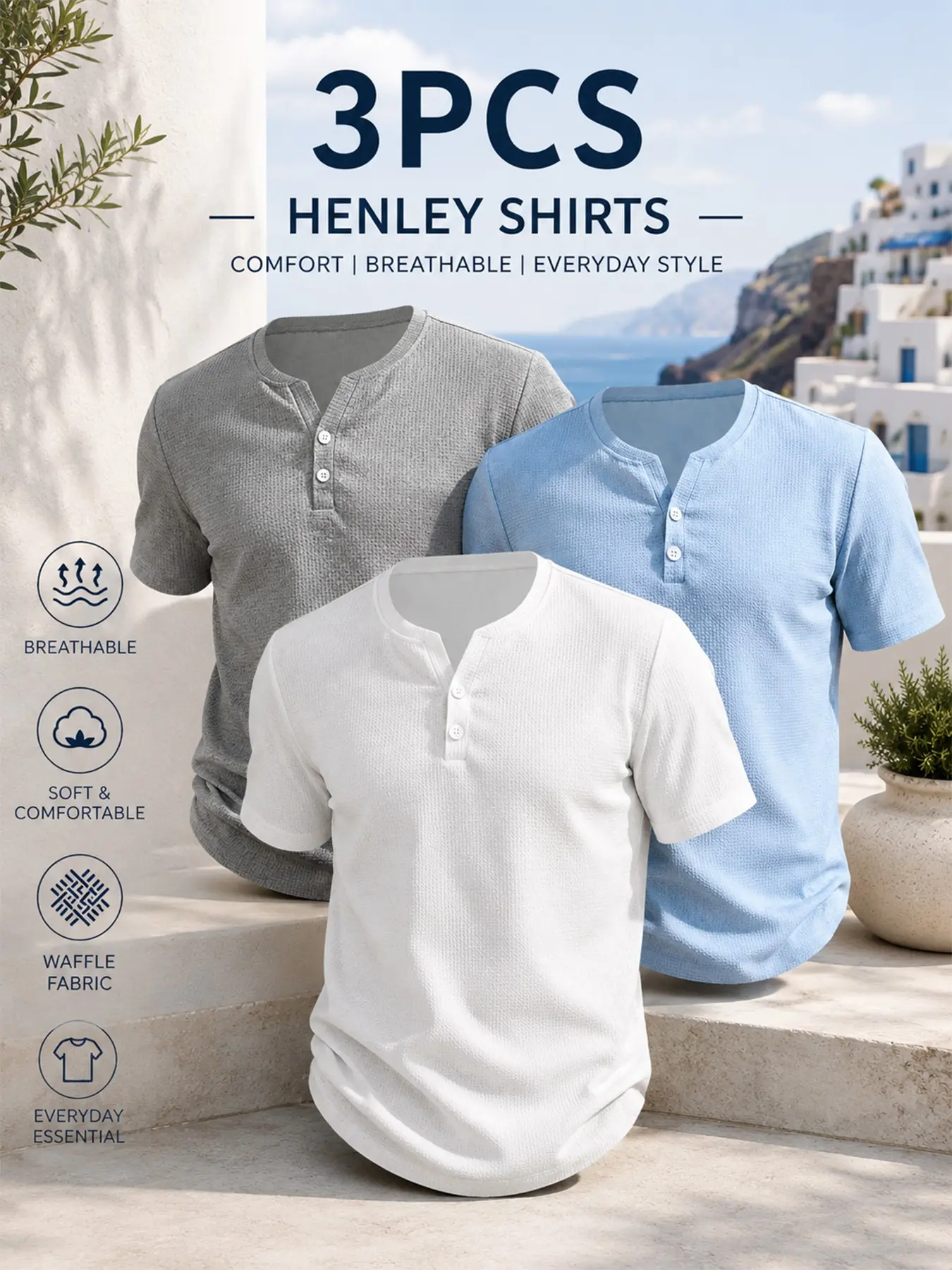 3pcs Men’s Waffle Knit Henley Shirt, Textured 2-Button Casual T-Shirt, Lightweight Breathable Summer Top, Slim-Fitting Long Sleeve