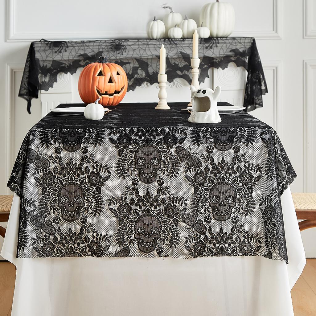 Skull & Floral Pattern Lace Tablecloth, Durable, Easy Maintenance, 1 Count Rectangular Tablecloth, Table Decoration Supplies for Home Kitchen Dining Room Party, Halloween, Table Setting