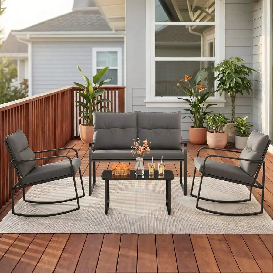 4 Piece Rocking Bistro Set, Black Steel Patio Furniture, Porch Chairs Conversation Set With Glass Coffee Table, Back Cushion, Balcony,, Deck, Backyard, Grey