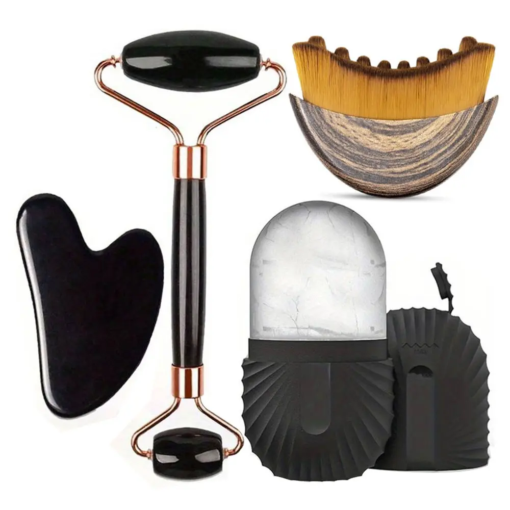 Gua Sha Board + Facial Roller + Silicone Ice Roller + Face Massage Brush, Facial Care Tools, Reduce Swelling, Tighten Pores, Detoxify Lymph, Relieve Fatigue Pain