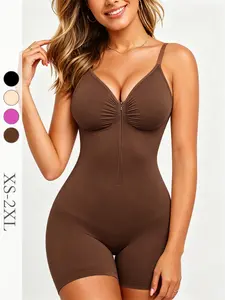 Women's V-Neck Shaping Bodysuit, Seamless Zipper Smooth Slimming Set, Tummy Control Waist Cinch Shapewear, Casual All-Season Wear