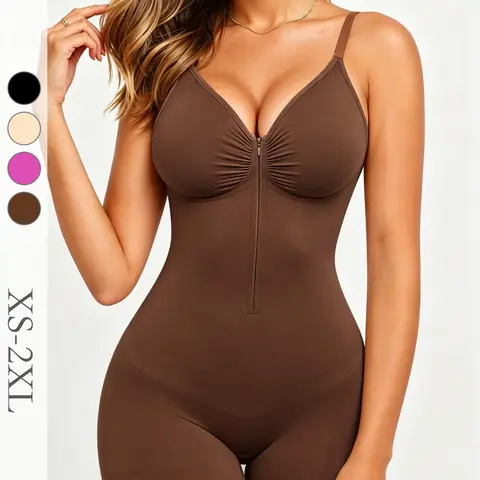 Women's V-Neck Shaping Bodysuit, Seamless Zipper Slimming Shapewear, Tummy Control Waist Cincher Shapewear Fajas, Casual All-Season Wear, Seamless Sculpting Bodysuit