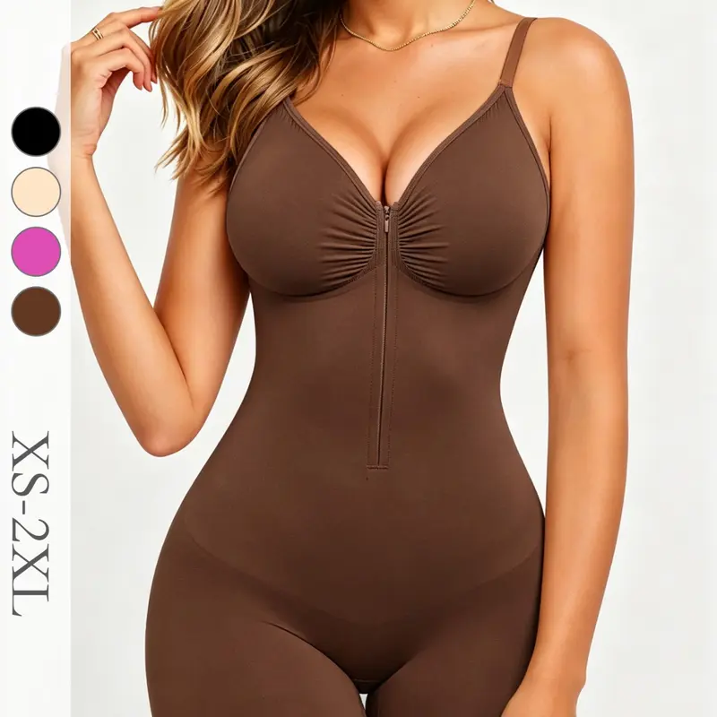 Women's V-Neck Shaping Bodysuit, Seamless Zipper Slimming Shapewear, Tummy Control Waist Cincher Shapewear Fajas, Casual All-Season Wear, Seamless Sculpting Bodysuit