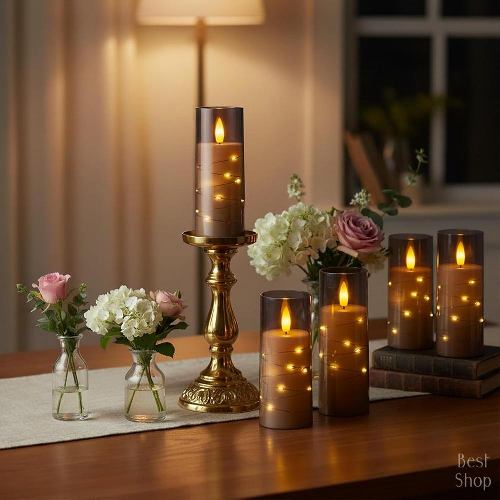 5pcs Flameless LED Candles with Embedded Star String, Battery Operated Acrylic Pillar Candles with Timer and Remote, Flickering Candles for Romantic Ambiance and Home Decoration Mood Decorative,Valentine's Day, Mother's Day