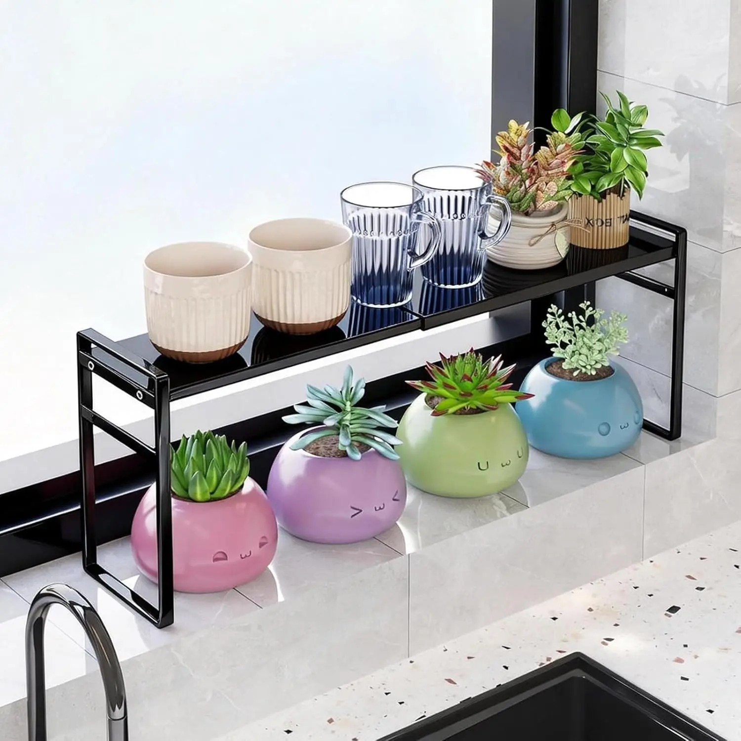 Expandable Narrow Tall Storage Shelf with Anti-Detach Buckle| Multi-Use Organizer, Over Sink, Kitchen Counter, Windowsill Plants, Bathroom Vanity, Office Desk, Entryway & Laundry Room