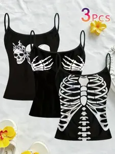 【Plus Size】Women's 3-Piece Set, Skull Thin Straps Slim Fit Dark Style Spaghetti Strap Cami Tank Tops, Casual Summer Sleeveless All-Over Print, Non-Full Placket, Unlined