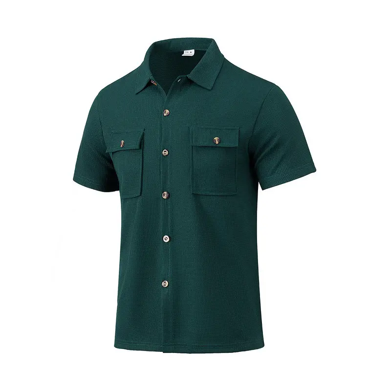 Men's Waffle Knit Cargo Button-Front Shirt - Lapel Collar, Chest Pocket, Short Sleeve, Medium Length, Summer Casual, Machine Washable