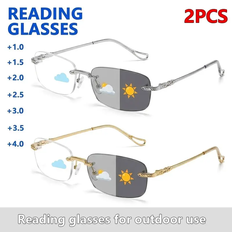 2PCS New Frameless Square Glasses, Unisex, Stylish Design Photochromic Business Style HD Reading Glasses,  1.0 to  4.0 Diopter, for Middle-aged and Elderly People's Daily Use with Mobile Phones, Computers, and Office Work, The Perfect Gift for Elders at H