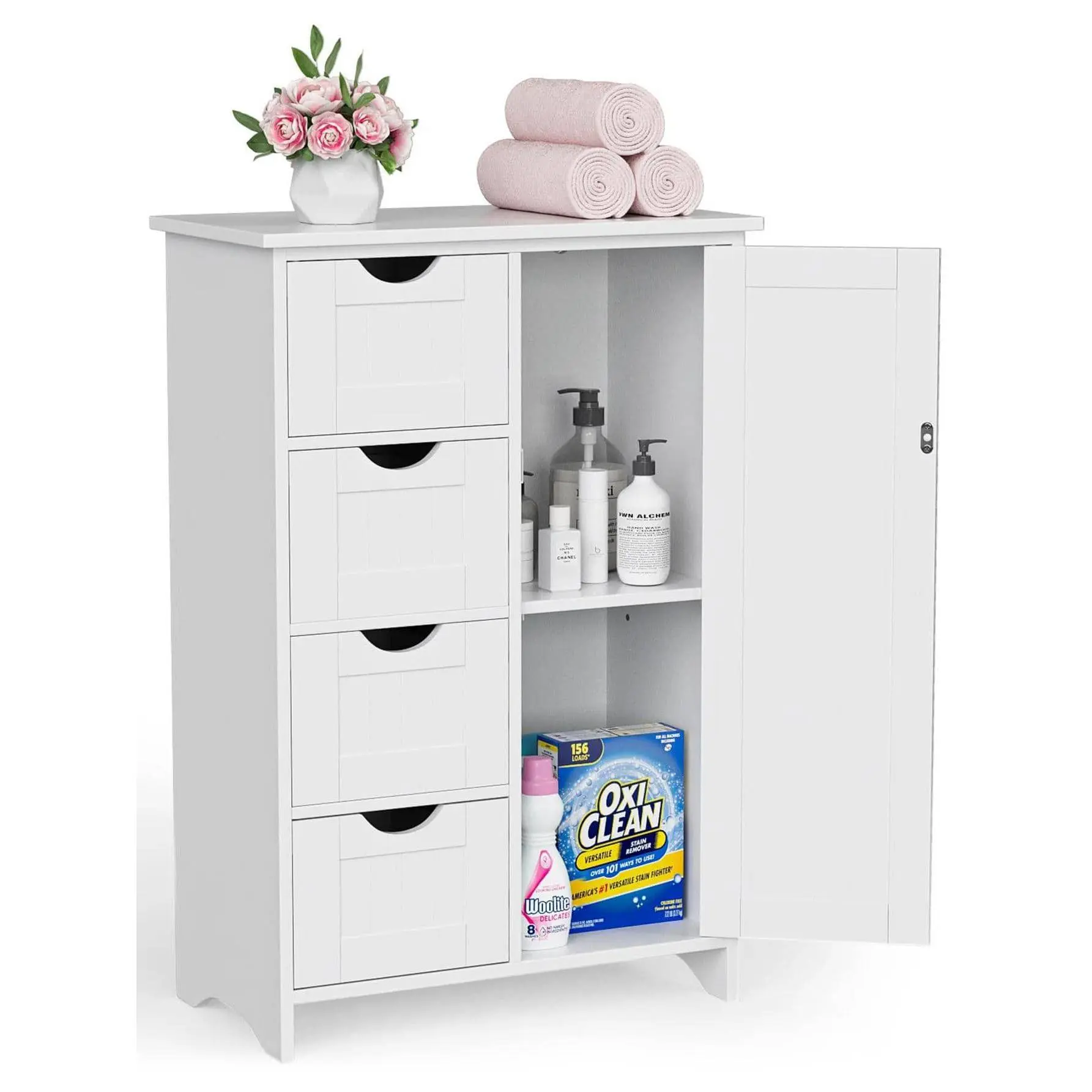 1pc MDF Waterproof Free-Standing Cabinet With 4 Hollow Handle Drawers,chabuildreark,farmhouse,coffee bar cabinet,lockable,storage,,dresser,,unit,,jewelry,armoire,,tower,,cabinets,bathroom,mirror,wooden,organizer