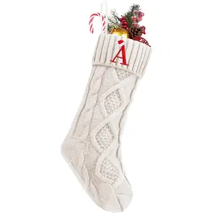 18 Inches Large Embroidered Monogrammed Cable Knit Personalized Christmas Stockings with Initials for Family, Xmas Holiday Party Gifts & Fireplace Decoration (White,Letter A)