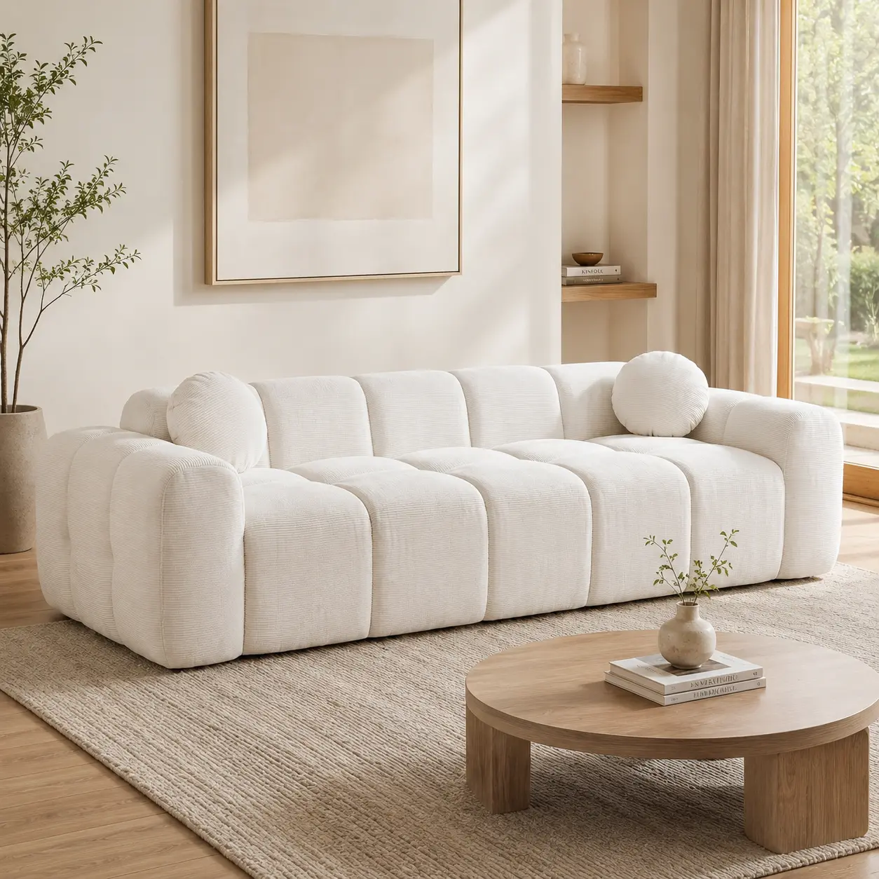 Modern 2-Seat Chenille White Cloud Loveseat Sofa Couch, Deep Seat Dual-Cushion Foam Sectional Sofa with Lumbar Pillow, Compressed Indoor Furniture for Living Room