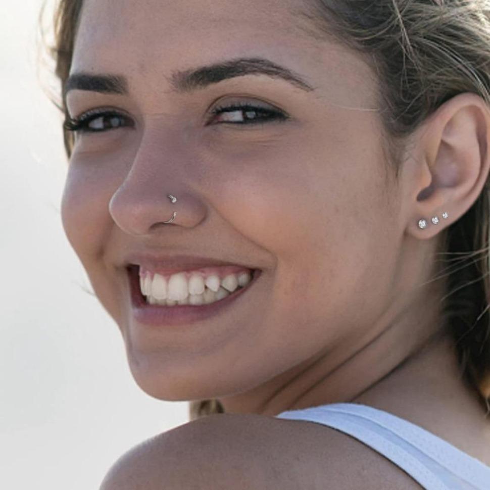 FINREZIO 15PCS 22G 20G 18G Surgical Steel Nose Rings Hoop Studs Cartilage Earrings Body Piercing Jewelry 1.5mm 2mm 2.5mm CZ Daily