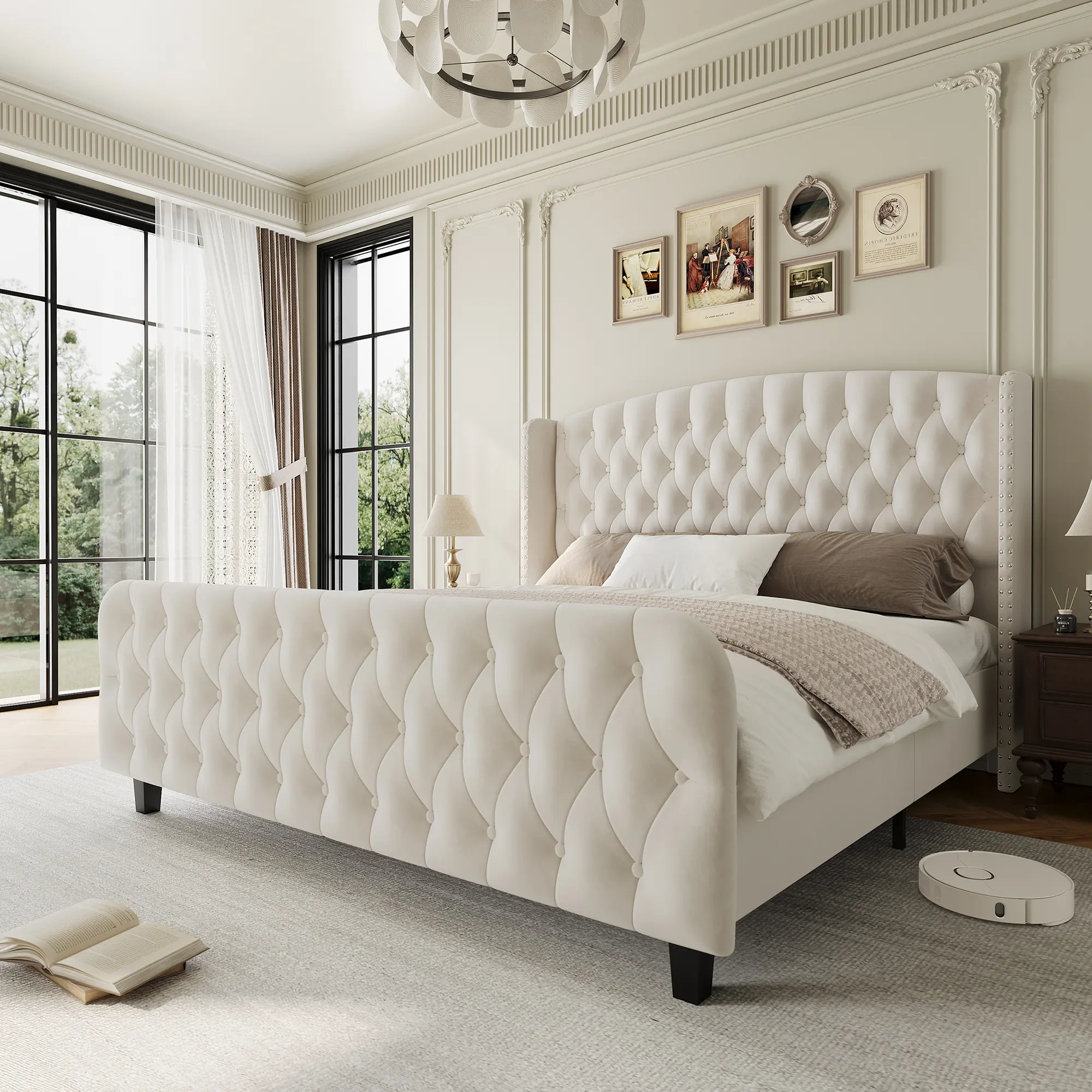 Modern Luxury Upholstered Bed Frame with 51'' Tall Tufted Wingback Headboard & Footboard - Grey Velvet - Nailhead Trim - Sturdy Noise-Free Wood Slats - No Box Spring Needed - Easy Assembly - King Size Bedroom Furniture