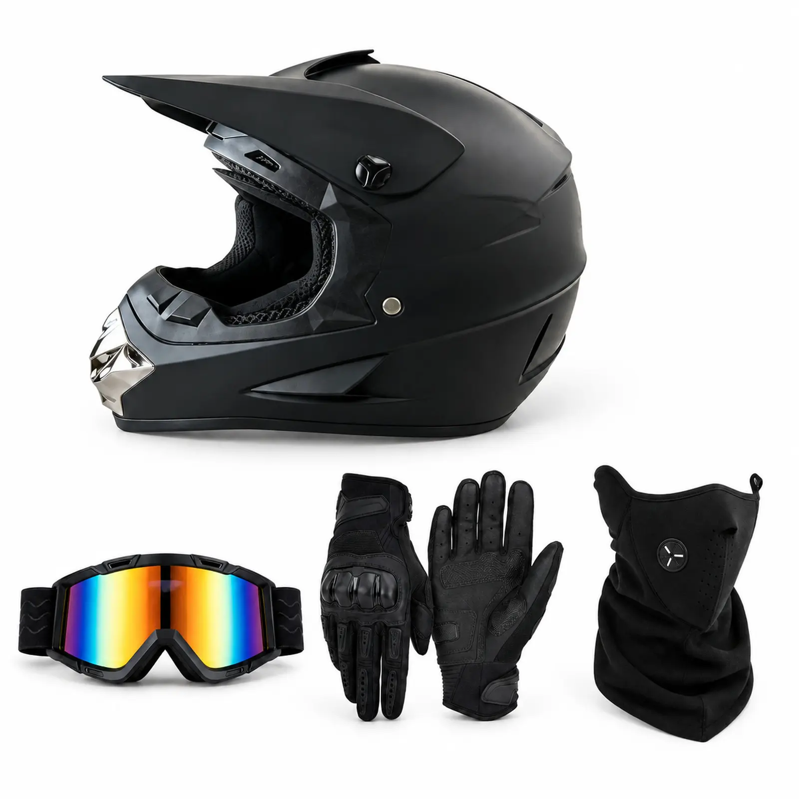 DOT Off-Road Helmet for Adult Men, 4-Piece Set with UV-Protective Goggles, Gloves & Mask, S-XL Sizes for 52-59 cm Head Circumference, All-Year Use for Electric Bicycle Outdoor Races, Set 4 Pieces