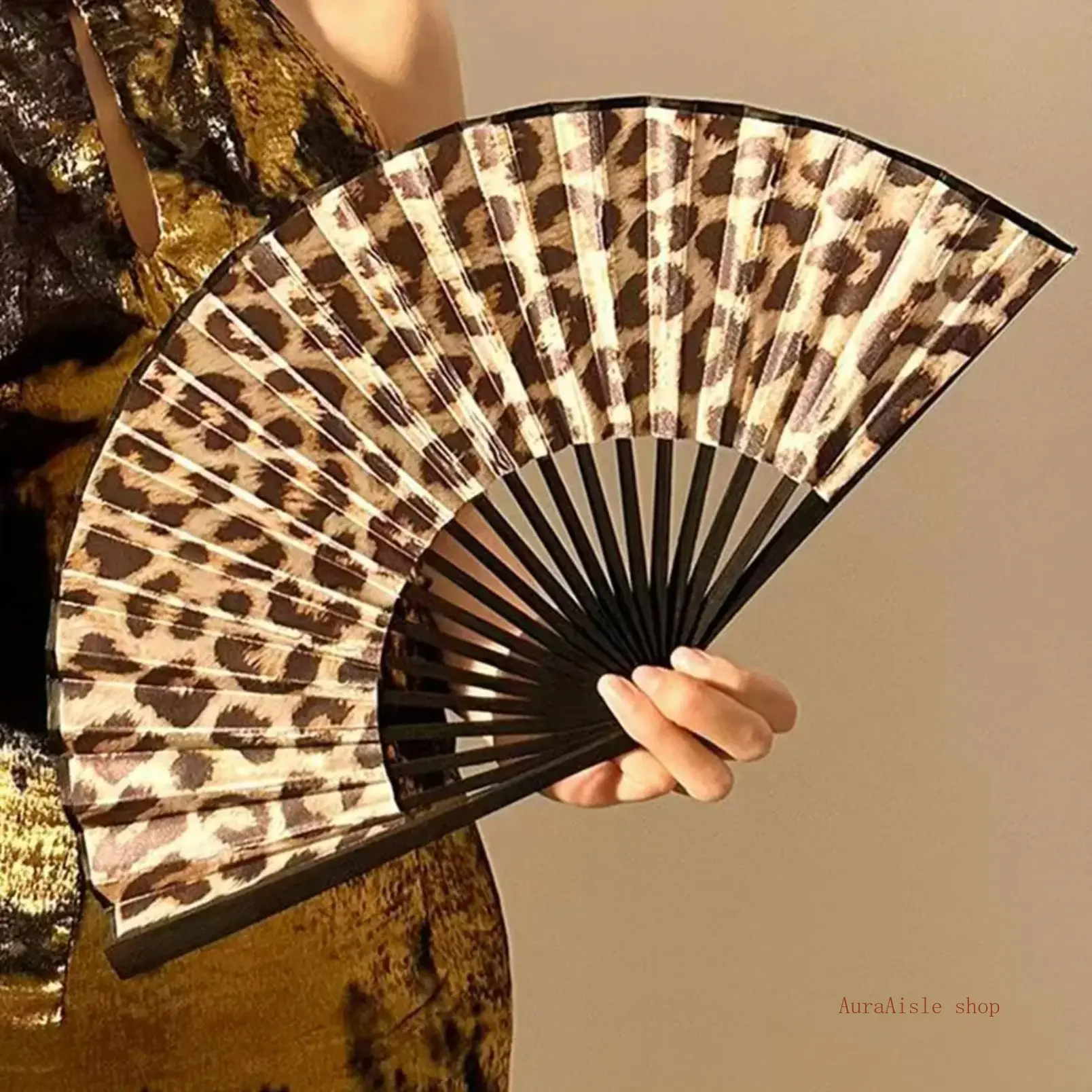 Leopard Print Foldable Hand Fan With Black Bamboo Frame, Lightweight Portable Princess Style Handheld Accessory, Trendy Animal Pattern Decorative Fan Ideal For Themed Party Outfits, Indoor Ornament Display And Thoughtful Casual Gift Giving
