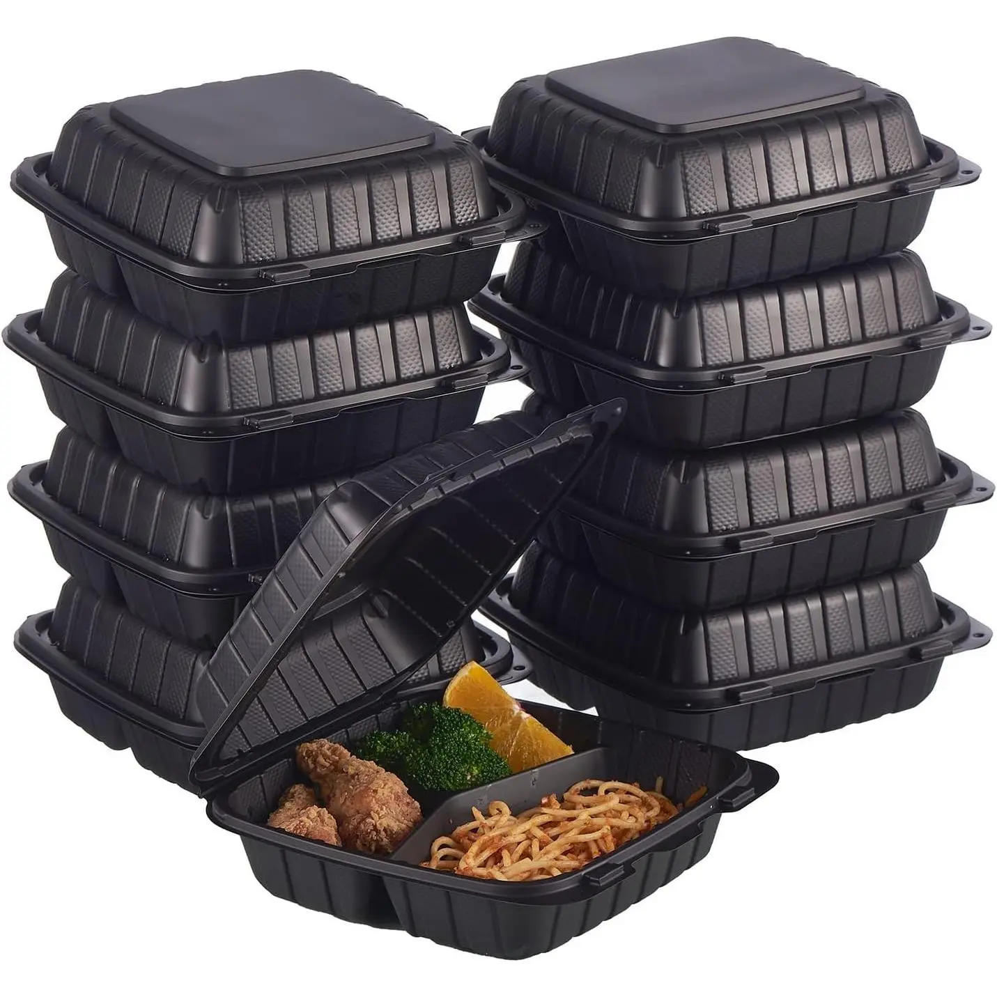 8X8 3-Compartment 50-Pack Plastic Clamshell Takeout Food Trays Heavy Duty Togo Disposable Box Carryout Meal Prep Packaging Catering Hinged Containers With Secure Snap LidGift