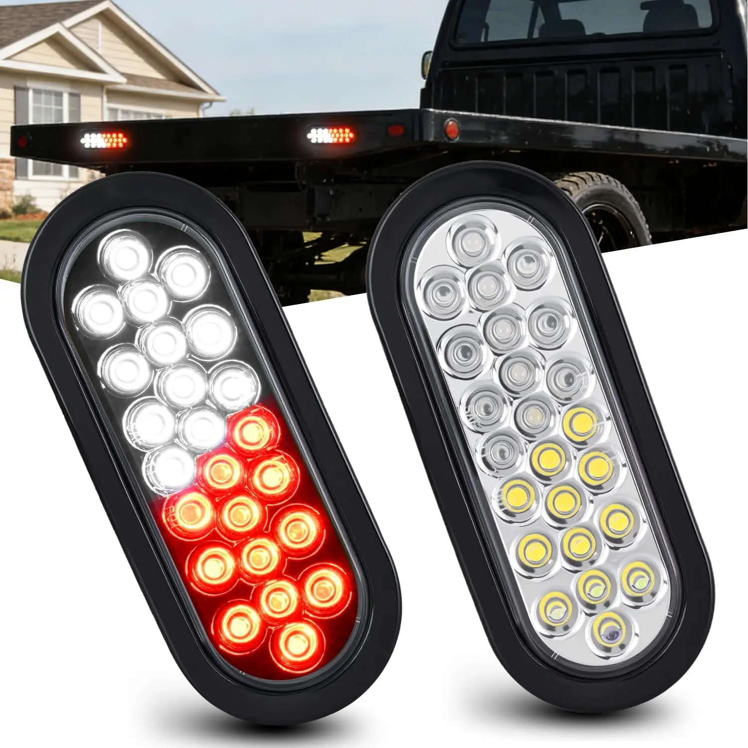 Nilight 2PCS 6Inch Oval Shape Recessed Mount Strobe Lights, 24 LED Red White Rubber Grommets Marker Clearance Lights, IP67 Waterproof for Trailer Truck Emergency Warning Use