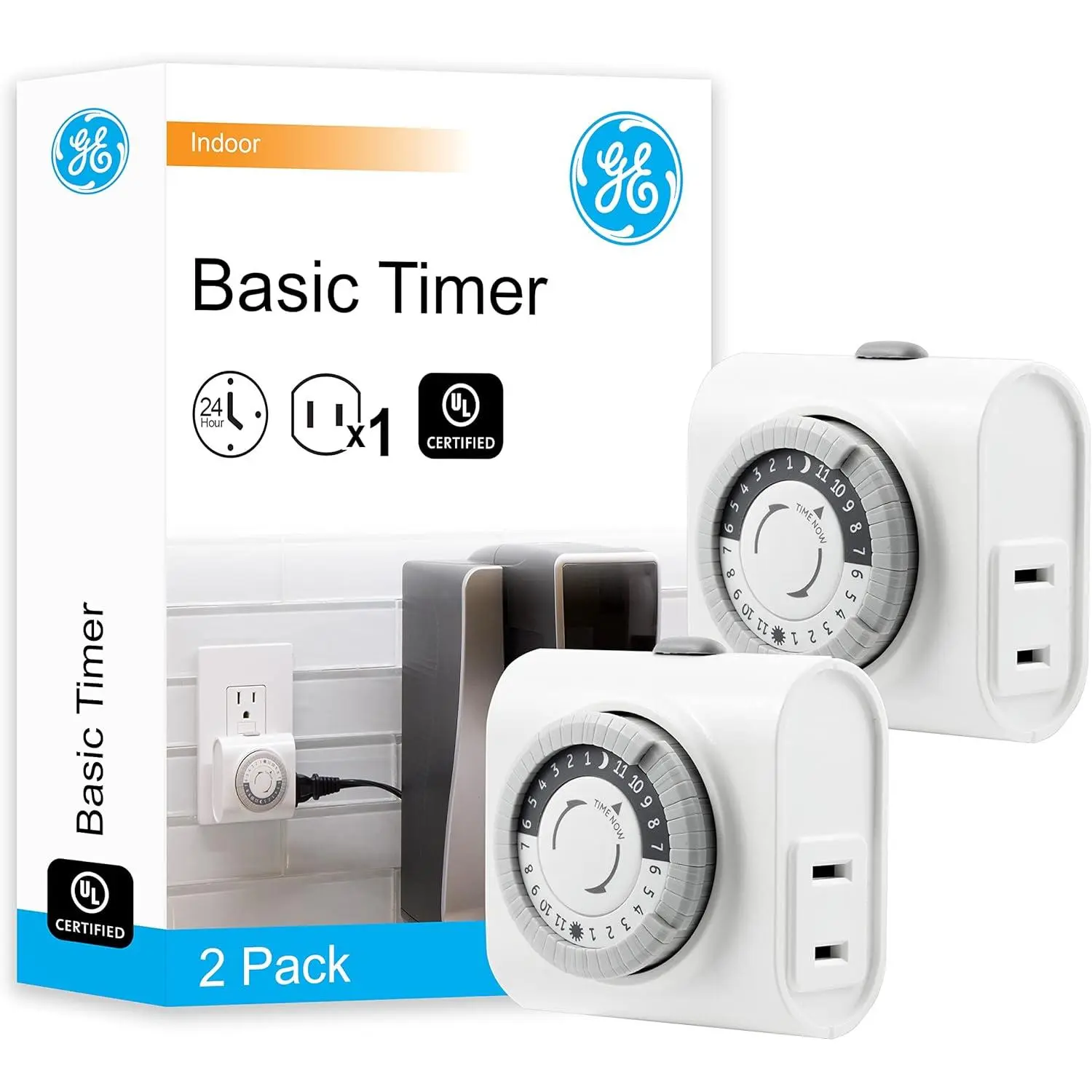 GE 24‑Hour Mechanical Outlet Timer Switch, Single Polarized Plug‑in Control for Indoor Lighting, Lamps, Christmas Trees and Seasonal Decor (2 Pack), 56177