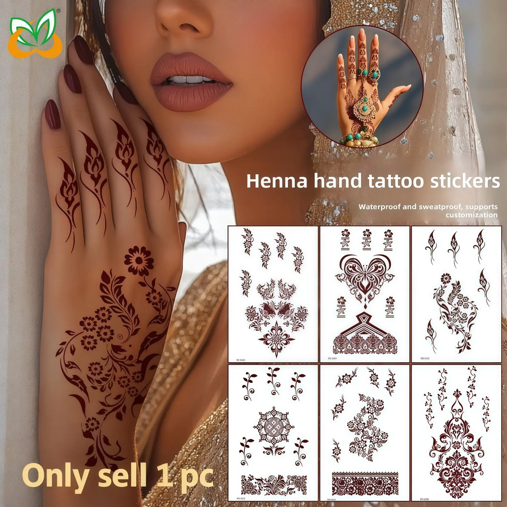 European and American vermilion lace Hannah tattoo sticker, disposable color waterproof and sweat-proof tattoo sticker on the back of Indian hand