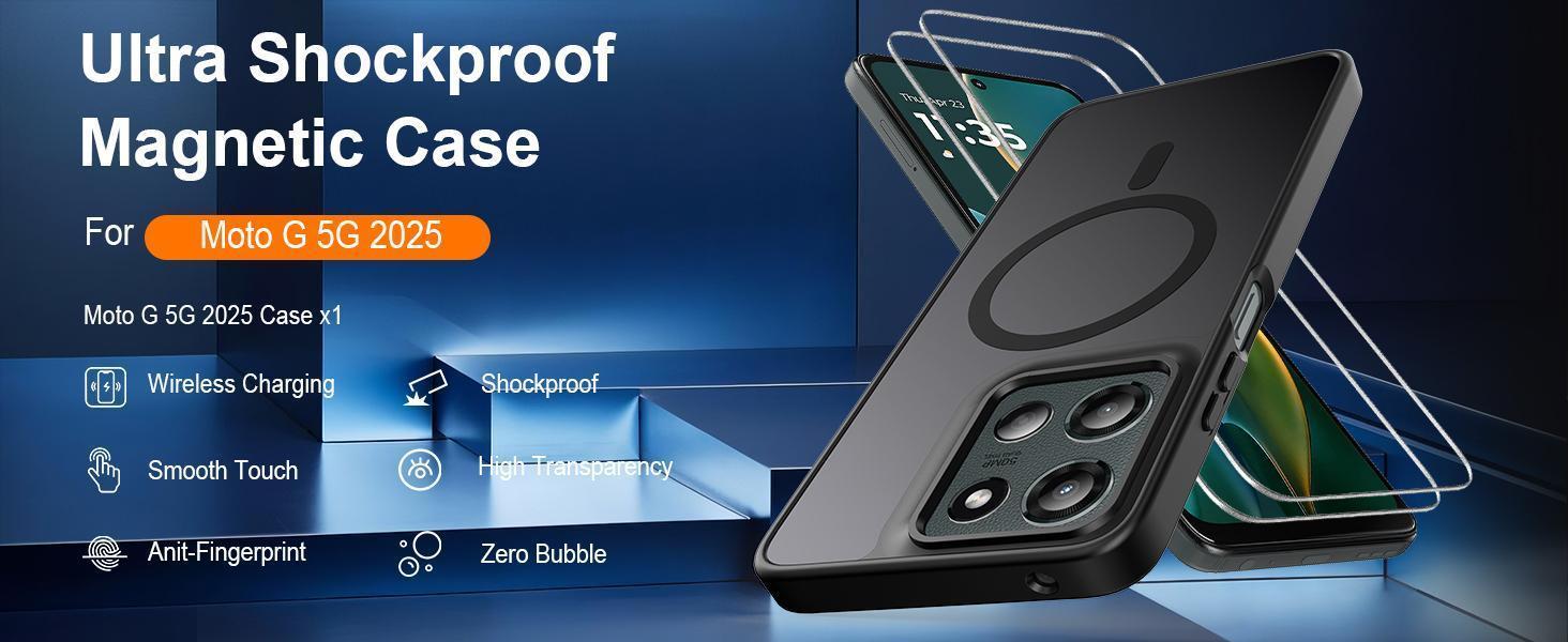 Ezanmull for Motorola Moto G 5G 2025 Case Magnetic Shockproof, [Fit for MagSafe] [Glass Screen Protector] Translucent Anti-Fingerprint Case for Motorola Moto G 5G 2025 (Black)