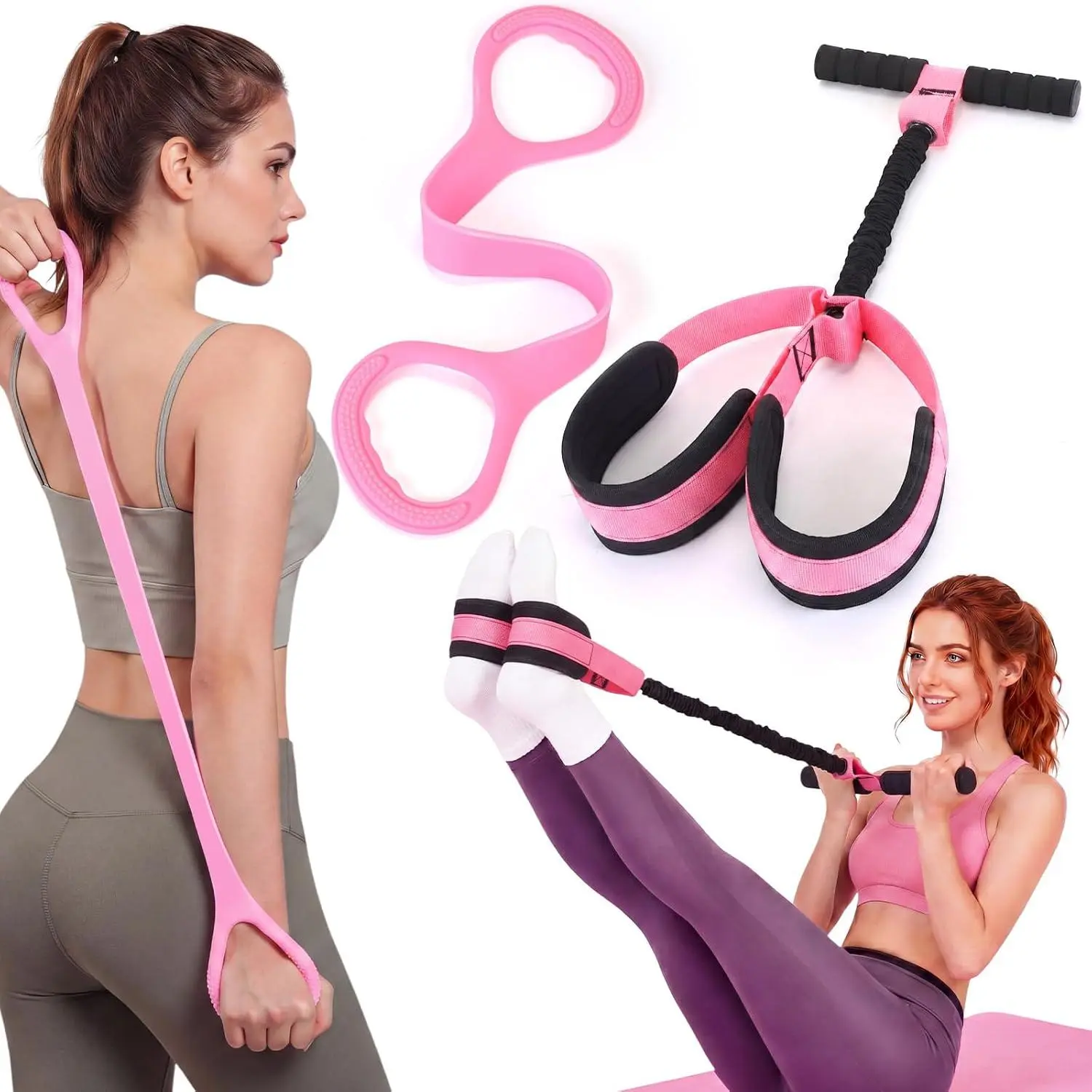 2 count Resistance Bands Set with Foot Pedal and Handles, Exercise Pull Rope Trainer with Figure 8 Stretch Band for Arm  Core  Workout,  Fitness Equipment