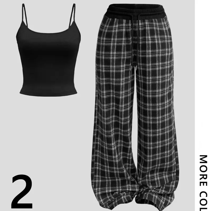Women’s Tank Top & Plaid Pants Set, Casual Outfit Set, Comfortable All-Day Wear, Co-ord Set Perfect for Daily Activities