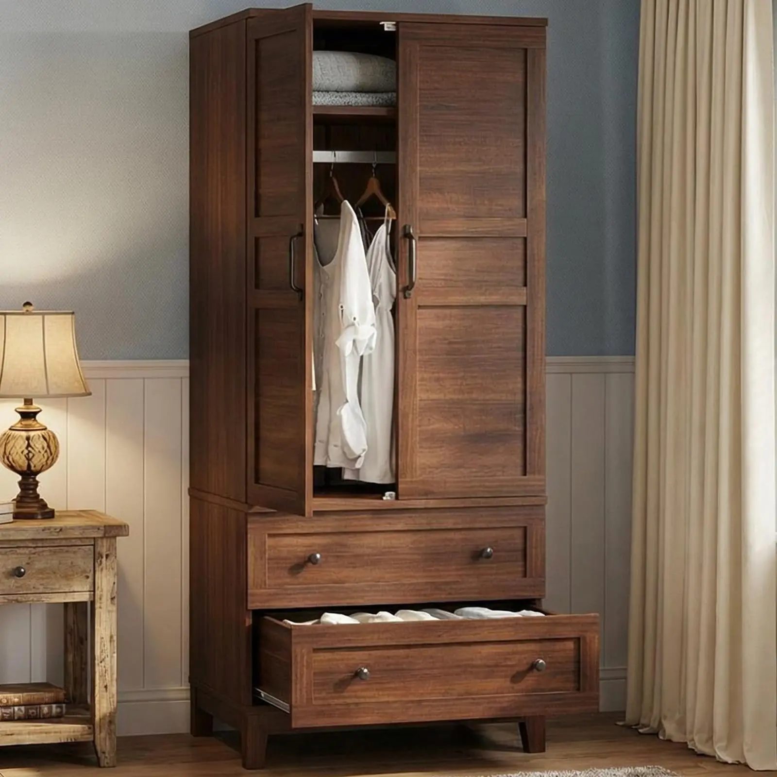 YJ-Garvee 72-inch Wooden Armoire Wardrobe Closet with 2 Drawers, Hanging Rod, Doors, and 18 Adjustable Shelves in Walnut Brown, Rustic White, and Black for Bedroom Clothes Storage