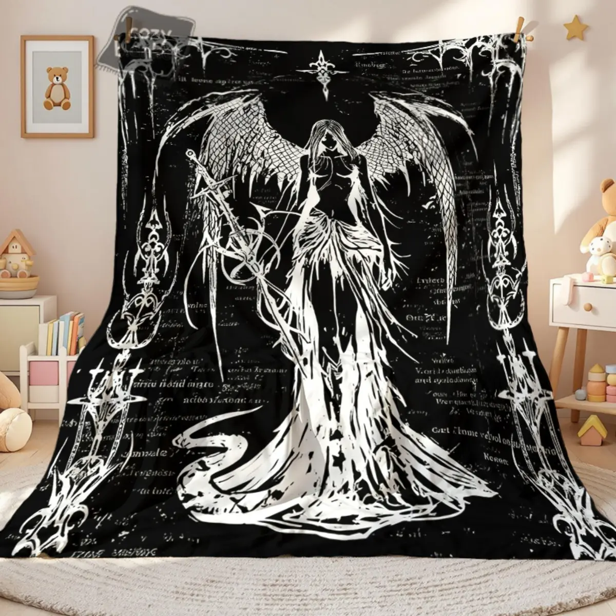 Gothic Black & White Angel Wing Blanket - Multi-Size 1-Piece 280GSM Flannel-Like Soft Plush Throw, Angel & Bat-Like Patterns, 150x130cm/200x150cm/60x50inch, Lightweight Durable, for Camping Trip, Gothic Home Decor Gift, 200X150 Cm