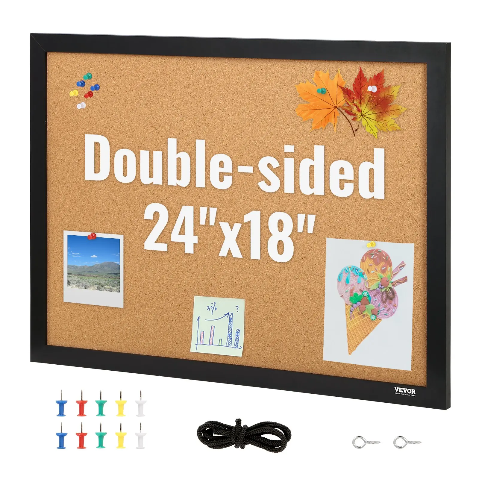 VEVOR Cork Board, 24x 18 inches, Double-sided Bulletin Board with MDF Sticker Frame, Vision Board Includes 10 Pushpins, for Display and Decoration in Office Home and School