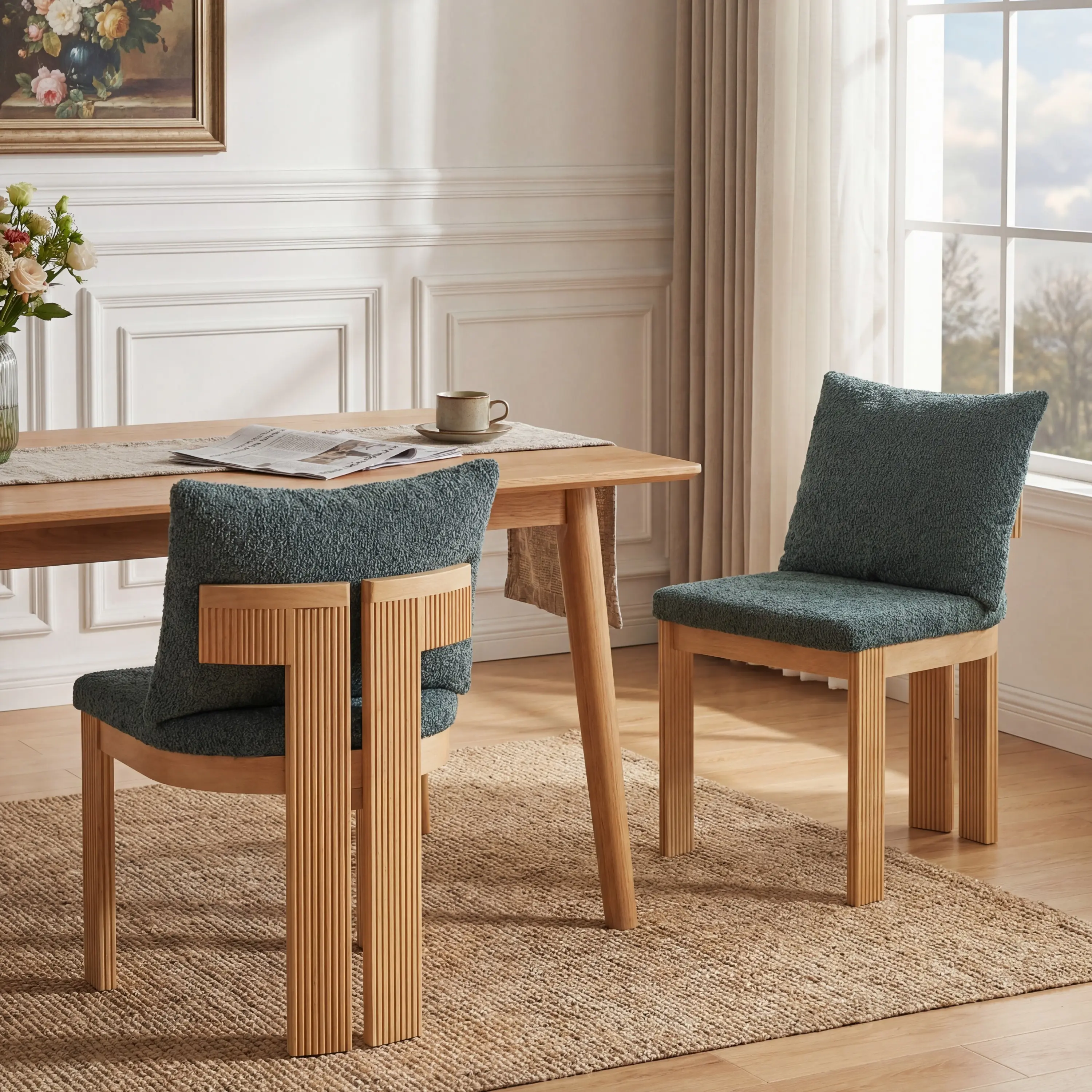 Nokaa Indoor Boucle Dining Chair Set of 2, Rubber Wood Frame, Plush Green Boucle Fabric, 250lbs Capacity, Mid-Century Modern Accent Chairs for Kitchen, Dining Room, Living Room