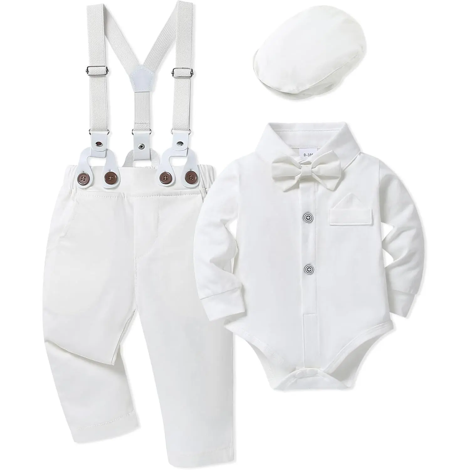 Baby Boy 4-Piece Formal Suit Outfit 0-24M with Shirt, Bow Tie, Pants & Suspenders for Baptism, Easter, Christmas, Wedding(Gift)