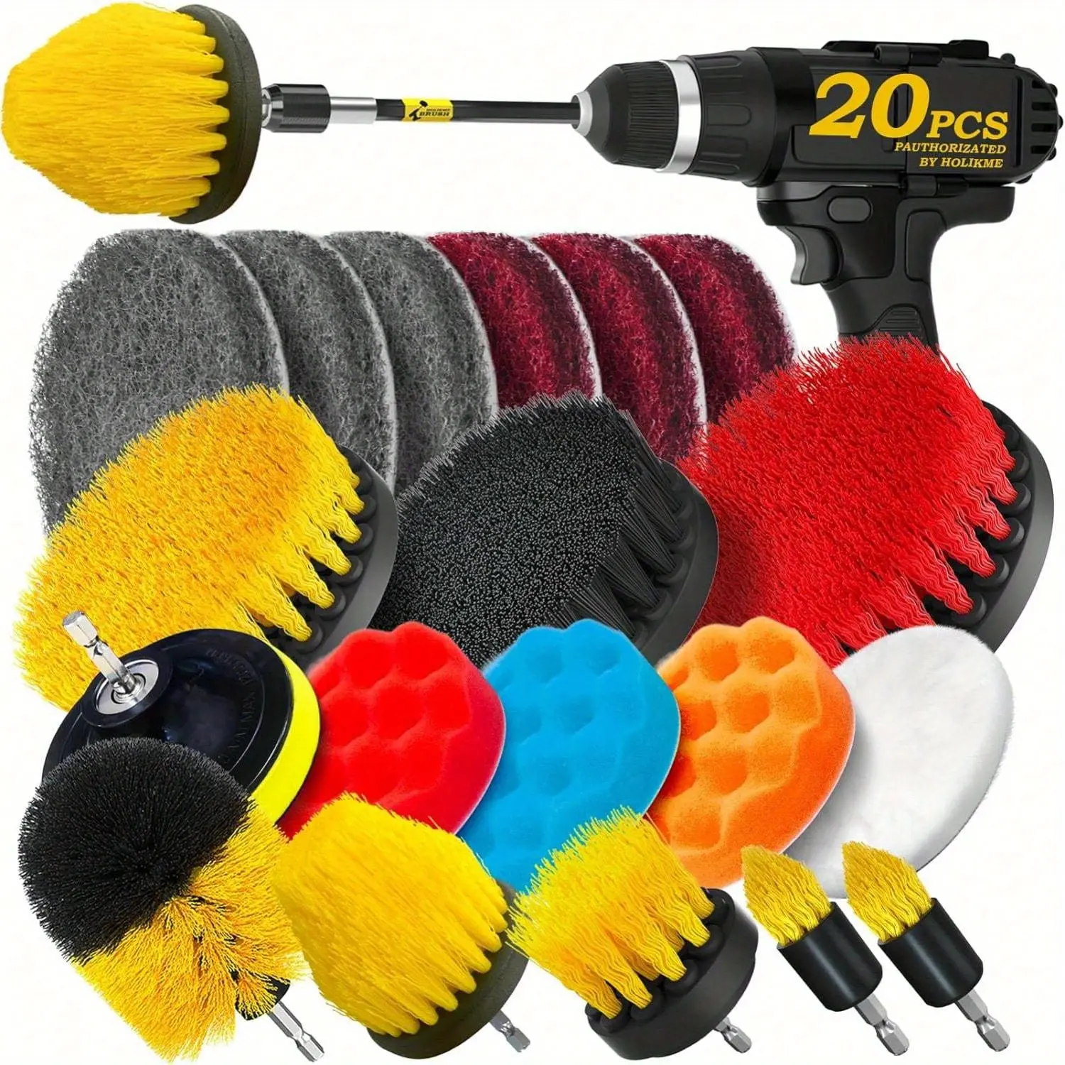 20pcs/ set Power Scrubber Brush Set with Extend Long Attachment, Drill Brush Attachments, Scrub Pads, Sponge, Buffing Pads, Car Polishing Pad Kit, Cleaning Supplies, Shower Scrub, Scratch Brushes