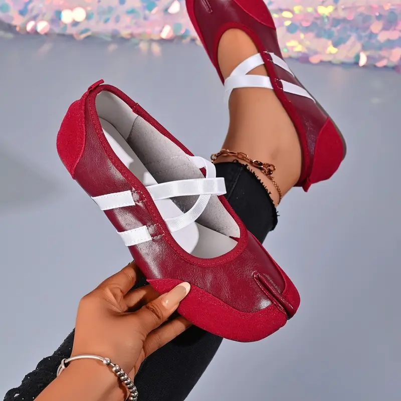 Split-Toe Mary Jane Flat Shoes, White Cross Straps, Soft PU Leather, Four Colors Available, Rubber Anti-Slip Sole, Slip-On Design, Retro Gentle Style, Versatile Comfy Daily Wear Shoes, Mary Jane Footwear