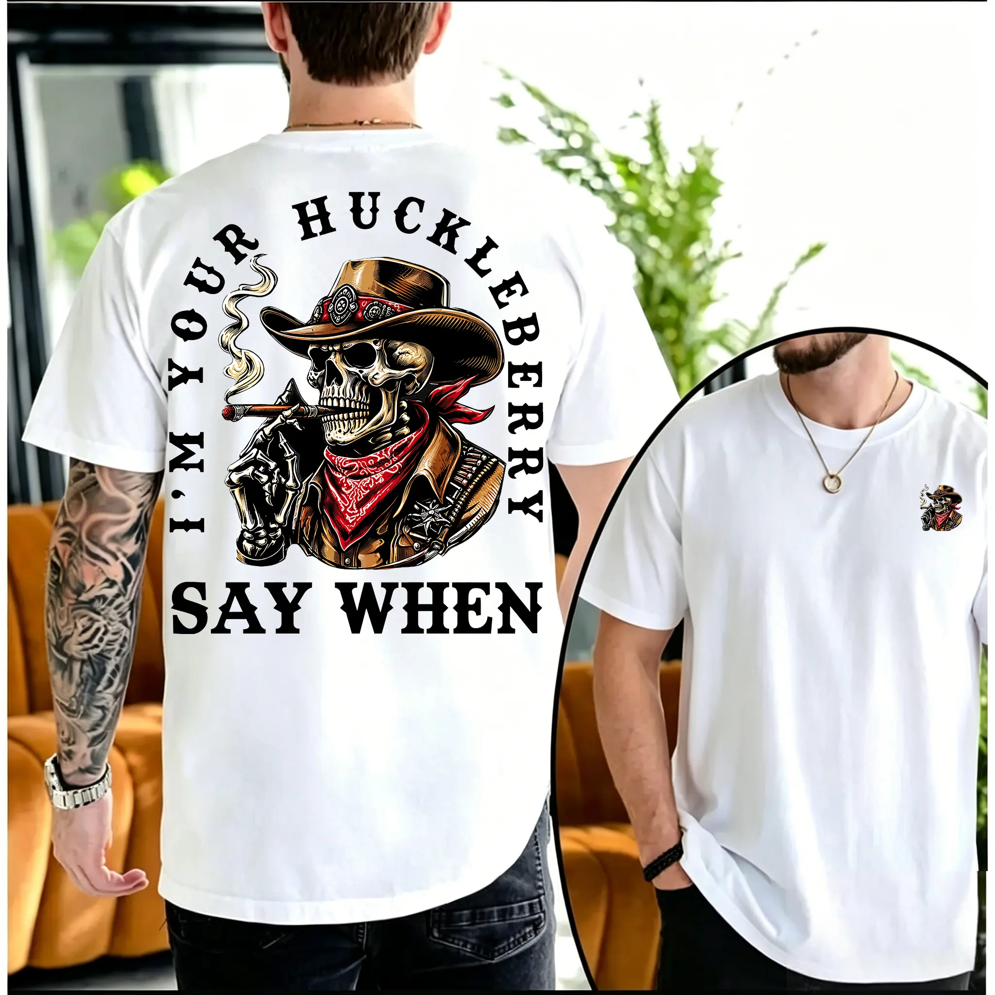Men's Vintage Skeleton Cowboy Cotton Tshirt - Round Neck Short-Sleeve Western Motif Graphic Top, "I'm Your Huckleberry" Movie Quote Streetwear Algodón Casual Men's Graphic Tees, Western Motif Graphic Men's Short-Sleeve T-Shirts