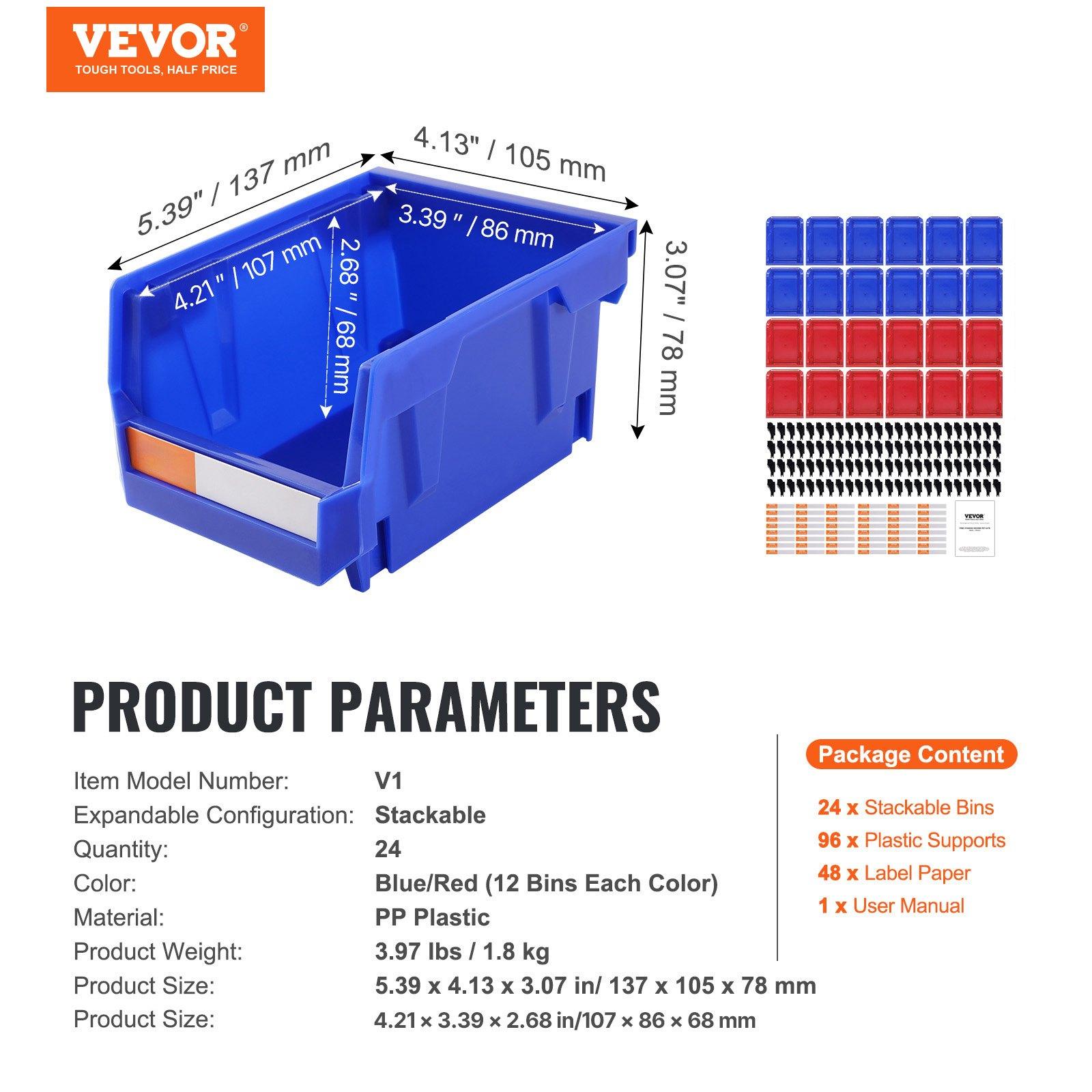 VEVOR Plastic Storage Bin, (5-Inch x 4-Inch x 3-Inch), Hanging Stackable Storage Organizer Bin, Blue/Red, 24-Pack, Heavy Duty Stacking Containers for Closet, Kitchen, Office, or Pantry Organization VEVOR Plastic Storage Bin, (5-Inch x 4-Inch x 3-Inch), Hanging Stackable Storage Organizer Bin, Blue/Red, 24-Pack, Heavy Duty Stacking Containers for Closet, Kitchen, Office, or Pantry Organization