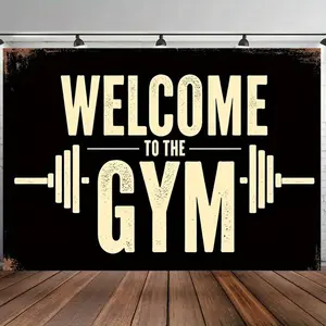 Hot Sale Extra Large Gym Backdrop Banner | 2D Flat Polyester Fabric Banner Single-Sided | “WELCOME TO GYM” Dumbbell Design | Metal Grommets Easy Hanging Fitness Wall Decor