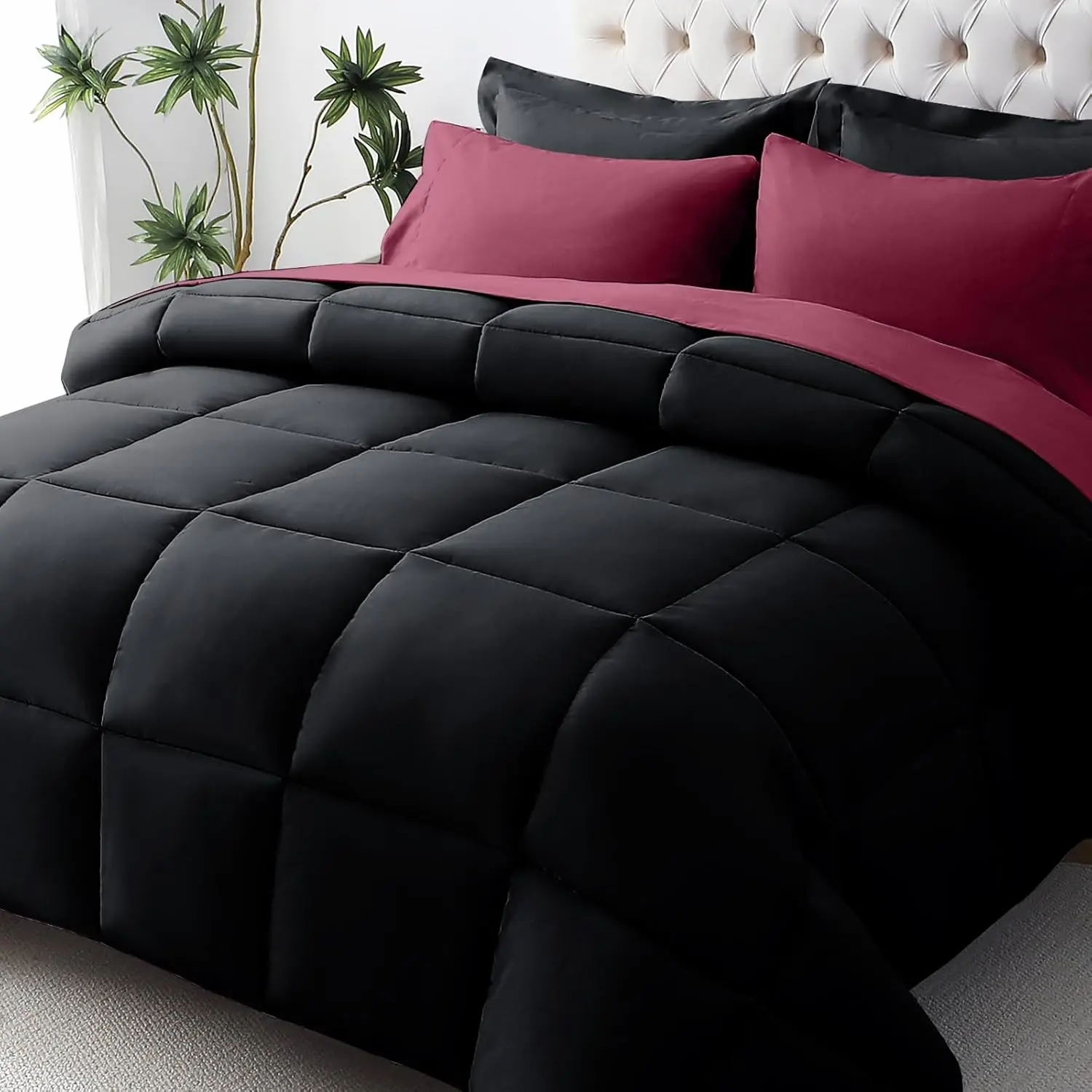 Queen Comforter Set, Ultra-Soft Bed in a Bag Queen Size 7 Pieces, Oeko-TEX Certified Bedding Set with Down Alternative Comforter, Sheets, Pillowcases & Shams, Black & Deep Burgundy