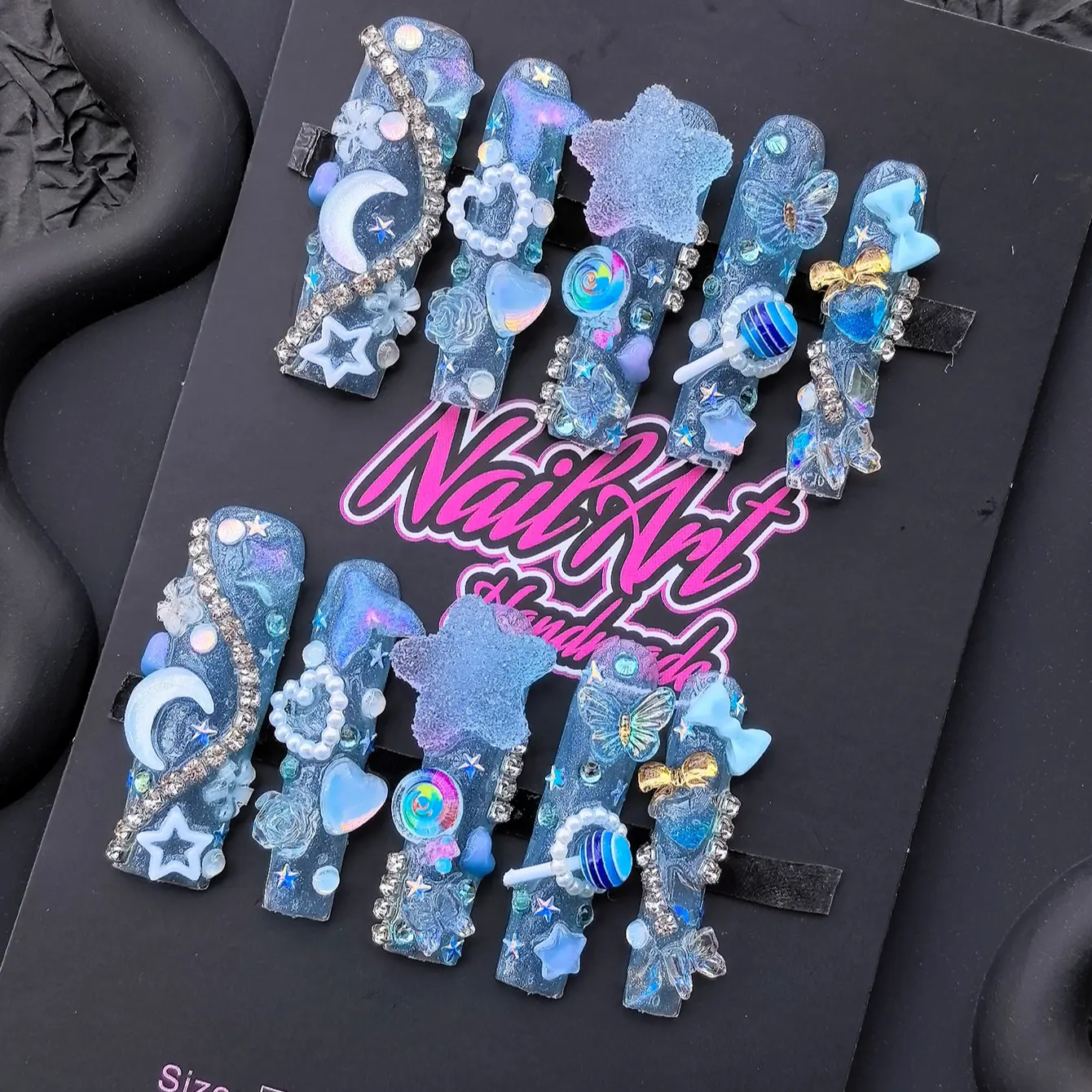 Y2K 10-Piece Handmade Press-On Nails, Nail Pack, Long Ballerina Shape, Ocean Theme, Decorated with Accessories, Perfect for Parties and Events