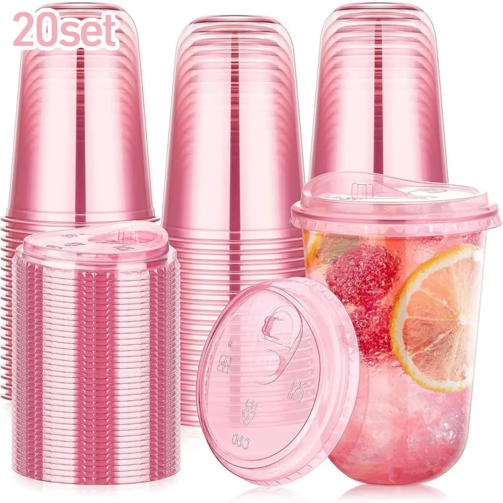 20set Disposable U-Shaped Drinking Cups, 16oz Coffee Cups with Small Lid, //transparent, Valentine's Day Party Beverage Cups, Plastic Disposable Cups